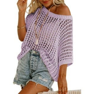 Women Hollow Out Knit Cover Up Top, Half Sleeve Mesh Beach Sweater, Off Shoulder Sheer Swim Cover Blouse