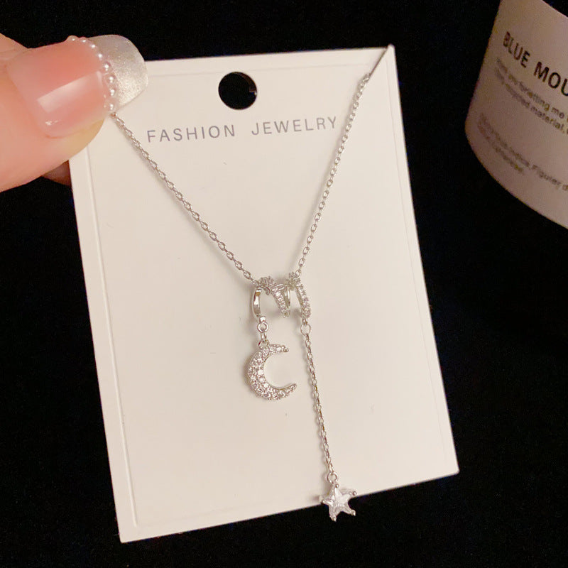 A157  Minimalist Micro Paved Zircon Moon Star Pendant Tassel Necklace, Light Luxury Shiny Clavicle Chain for Women