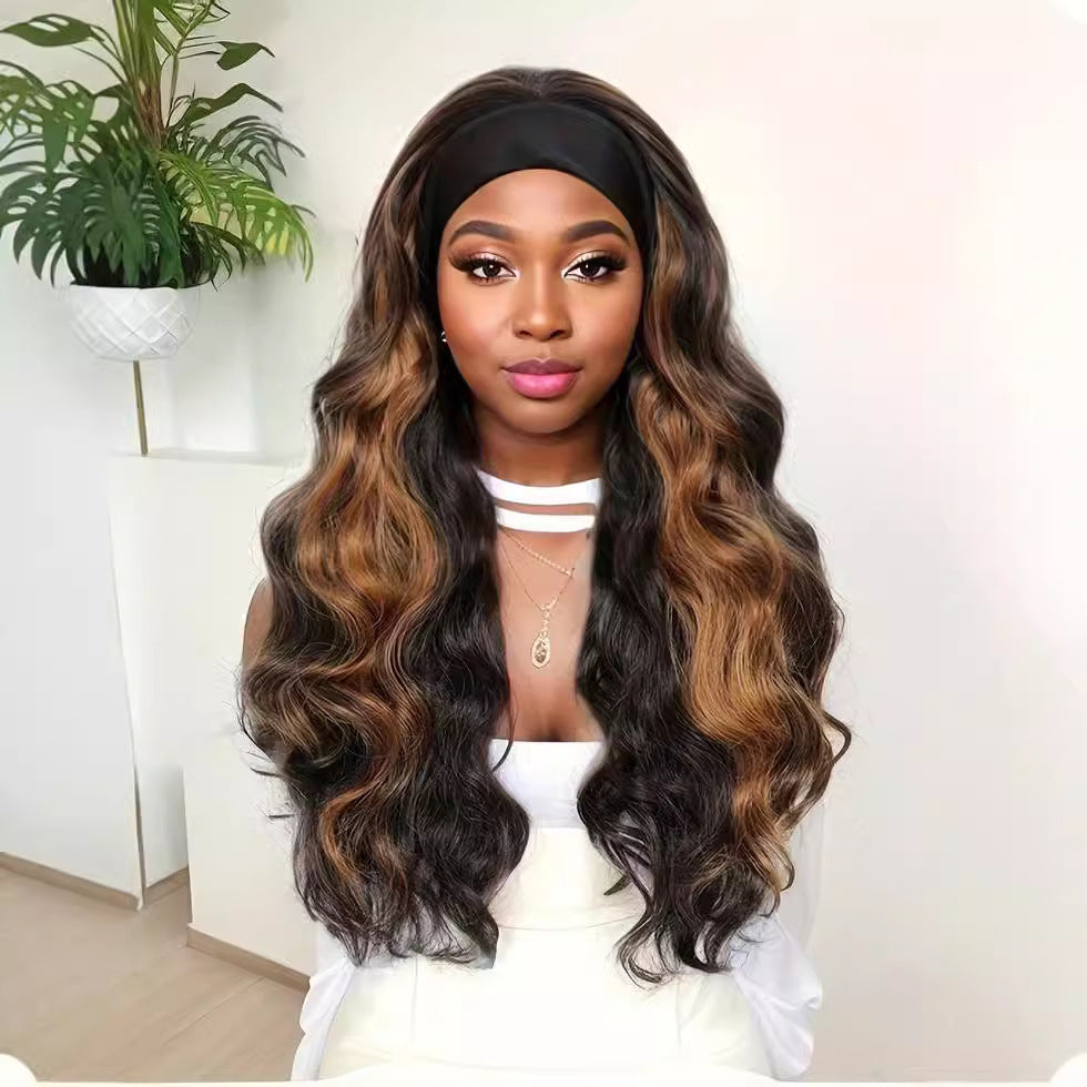 Headband Body Wave Synthetic Wig, Ombre Highlight Long Loose Curly Wig for Black Women Daily Styling