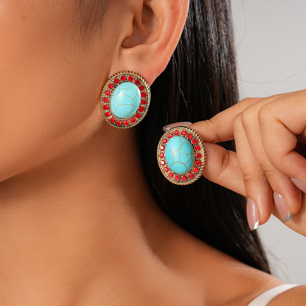 A193  Luxury High-Grade Ethnic Stone Rhinestone Necklace, Geometric Splicing Boho Vintage Sweater Chain