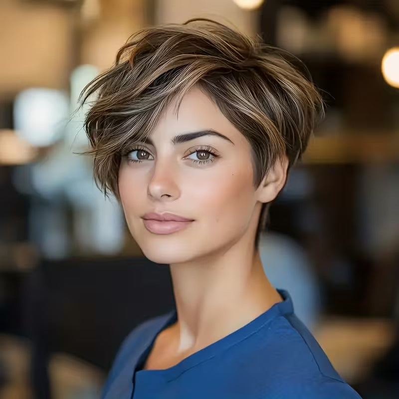 A228  Trending Short Curly Wig with Side Bangs, Mixed Color Fashion Rose Net Comfort Wig