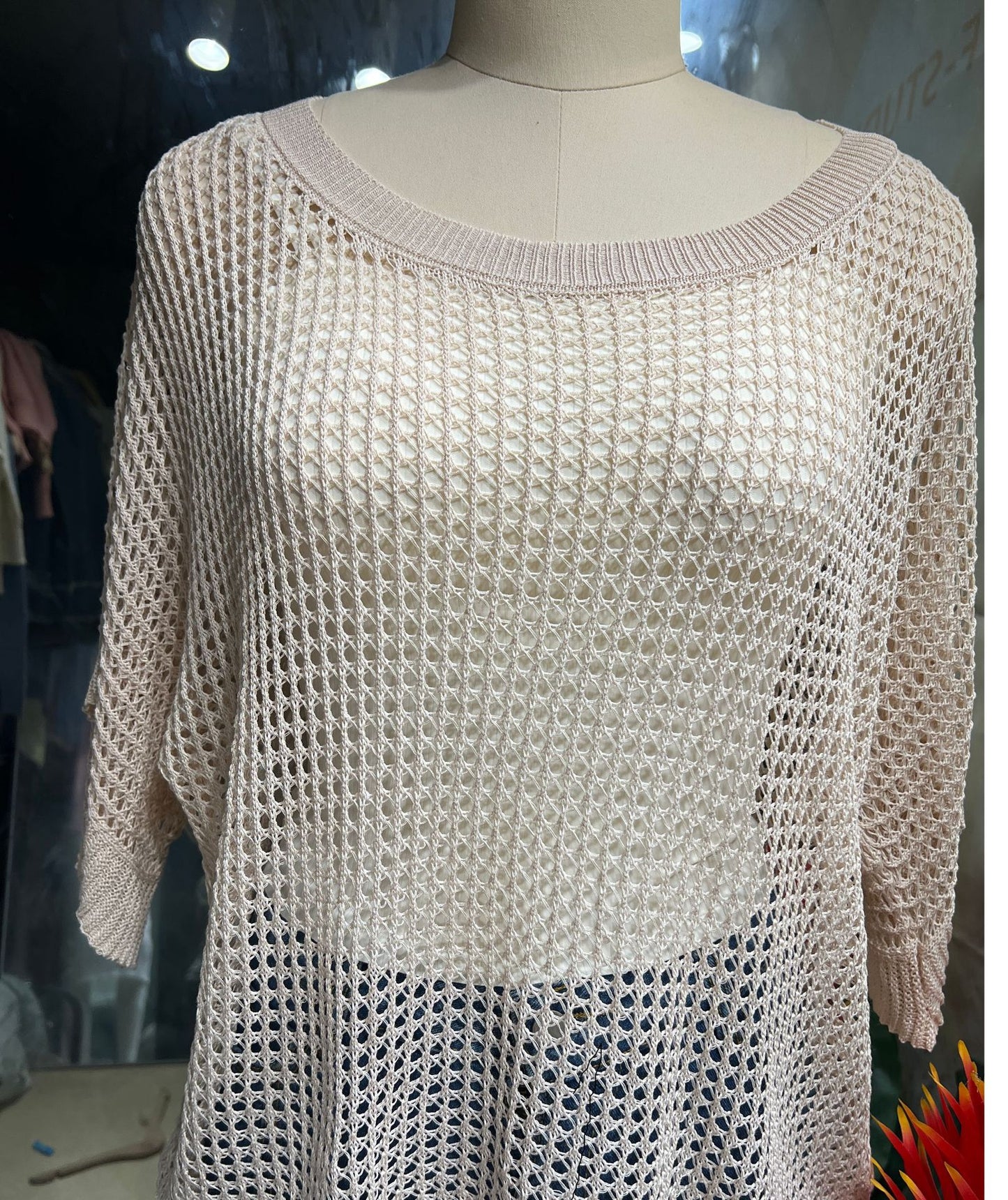 Women Hollow Out Knit Cover Up Top, Half Sleeve Mesh Beach Sweater, Off Shoulder Sheer Swim Cover Blouse