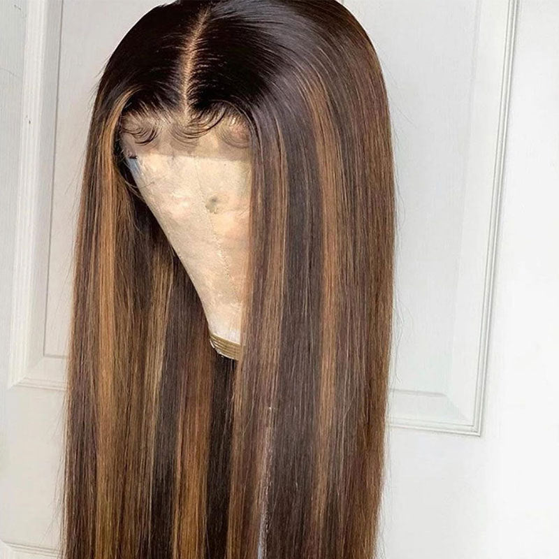 A 214  Brown Blonde Ombre Long Straight Hair with Bangs, Rose Net Heat Resistant Natural Wig for Women