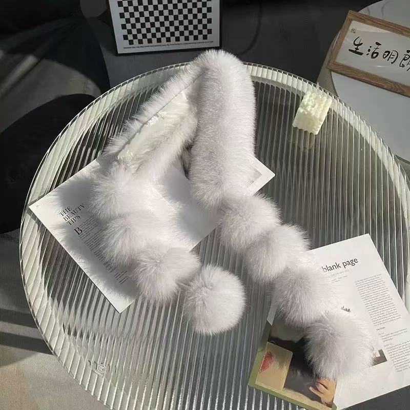 A178  Winter Double-sided Plush Neck Warmer, Faux Fox Fur Magnetic Scarf, Fashion Pom Pom Faux Fur Shawl