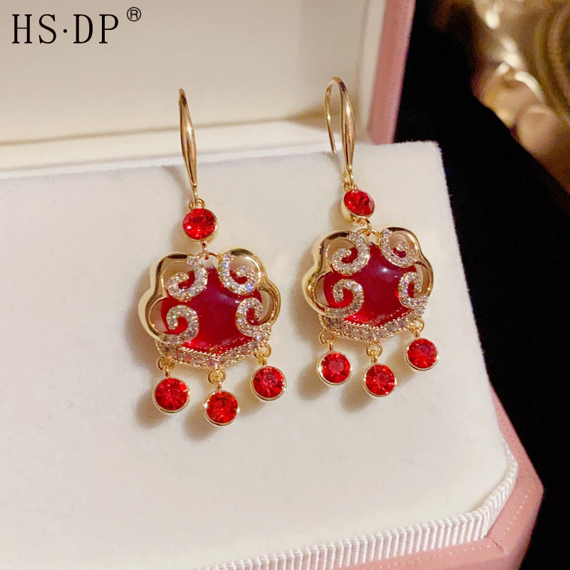 Red Safety Lock Tassel Earrings, Elegant Senior Sense Versatile Earrings for Women