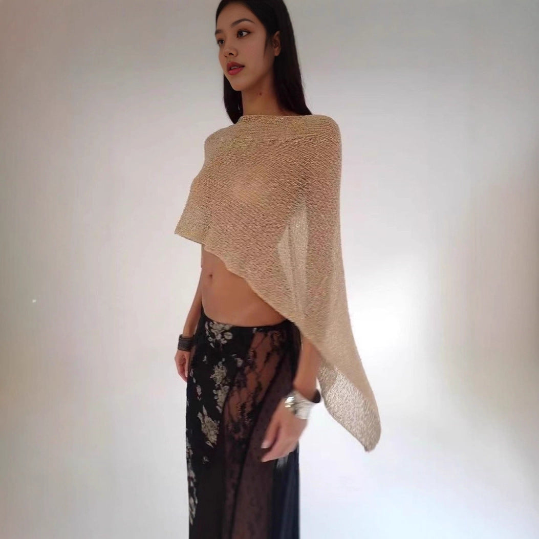 Women Hollow Out Sheer Knit Poncho Top, Multi Ways Wear Cropped Cover Up, Boho Beach Wrap Shawl, Vacation See Through Knit Blouse for Swimwear Cover Up