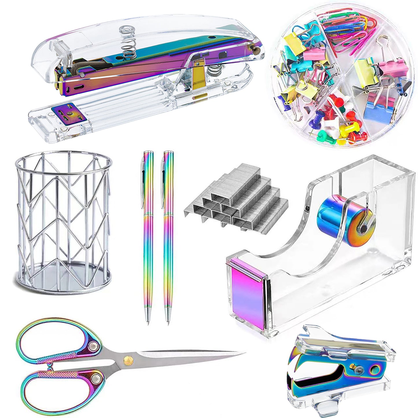 Rose Gold and Gold-Plated Office Desk Accessory Set, including an acrylic stapler set, staple remover, tape dispenser, 2 ballpoint pens, scissors, file folder, paper clips, staples, and storage box.
