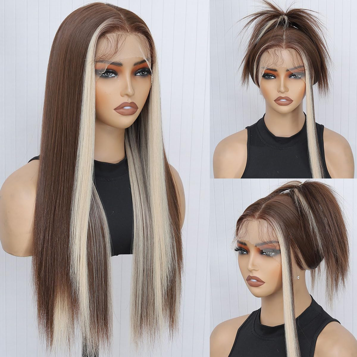 A225  Brown Blonde Highlight Middle Part Long Straight Wig, Lace Front Breathable Fashion Wig for Women