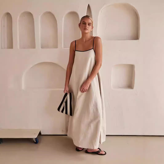 Women's 2026 Summer Linen Maxi Dress - Thin Strap Open Back Casual Slip Dress for Beach Party