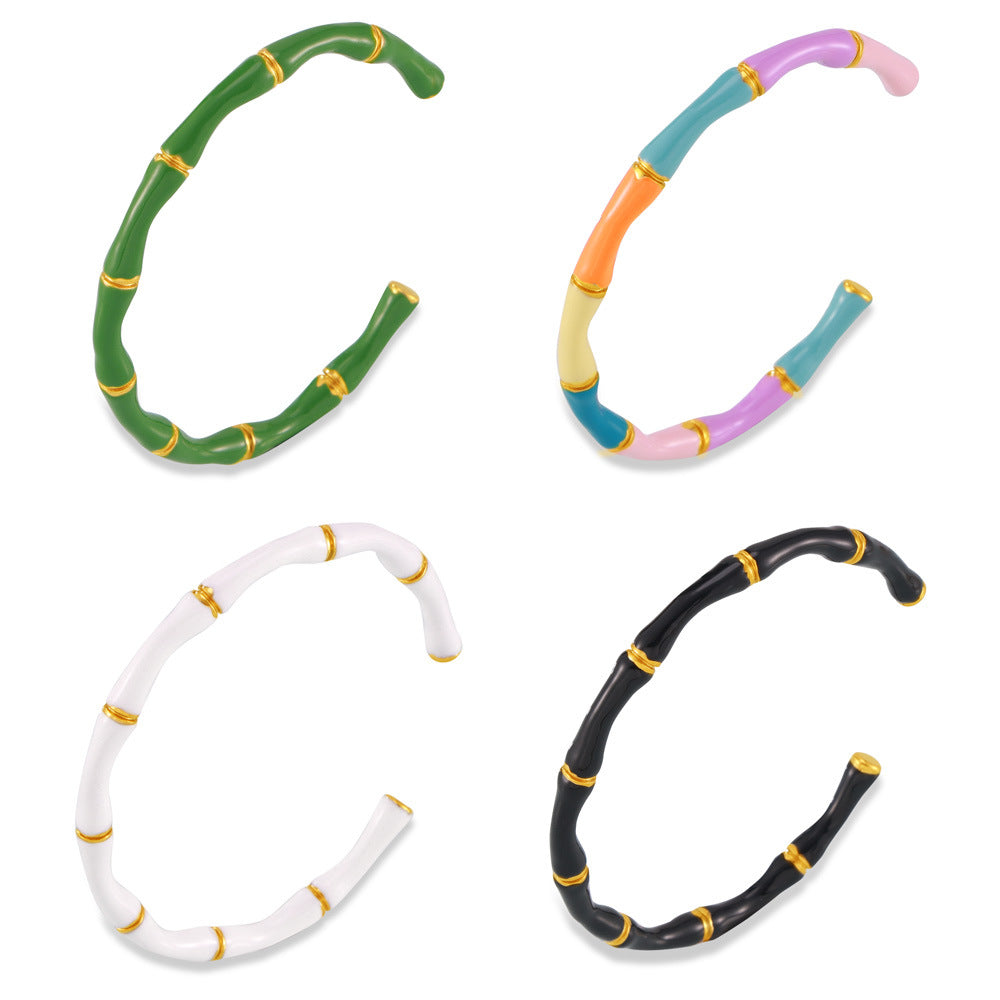 Dopamine Dressing Simple Versatile Jewelry, Enamel Weight Design Bamboo Shape Titanium Steel Open Cuff Bangle