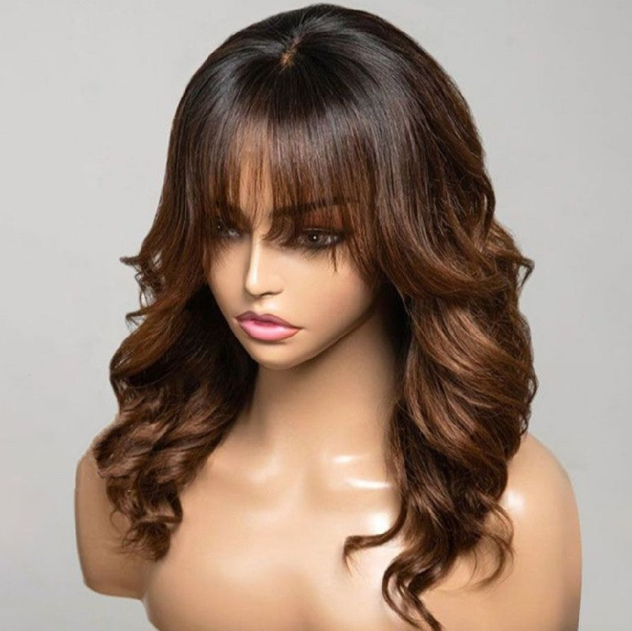 W339  Layered Wavy Wig with Bangs Ombre Caramel Brown Heat Resistant Synthetic Wig No Shedding No Tangle for Daily Use