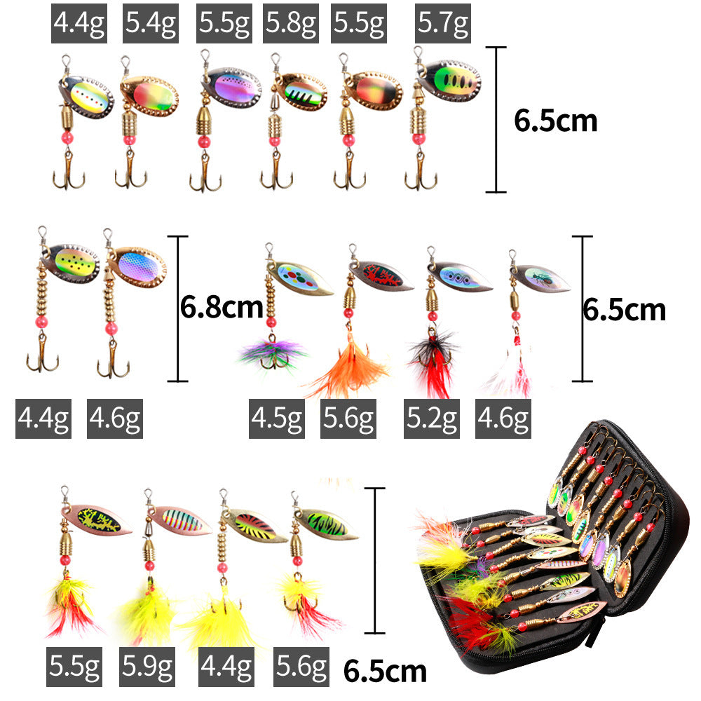 A283  Rotating Composite Spinner Lure Kit 16pcs with Treble Hooks, Including Fishing Bag & Lure Bag