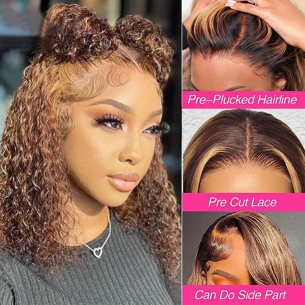 Brown Highlight Short Kinky Curly Synthetic Wig, Fluffy African Coily Wig for Black Women Daily Wear