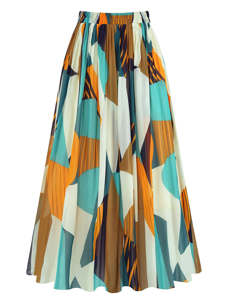 A369   Fashion Printed Chiffon Midi Skirt Women Elastic Waist Pleated Swing Skirt Elegant Lady Casual Wear