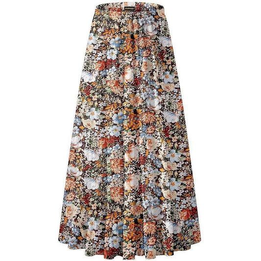 Women Floral Print Chiffon Maxi Skirt, Elastic High Waist Pleated A-Line Flared Long Skirt