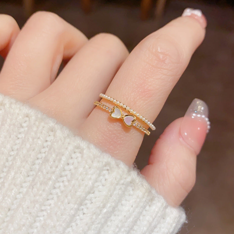 A153  Light Luxury Double Layer Pearl Zircon Bow Ring, Korean Senior Sense Adjustable Open Ring