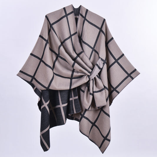 Classic Plaid Wrap-Around Scarf for Fall and Winter Tie-Front Cardigan Outerwear Office Blanket for Warmth