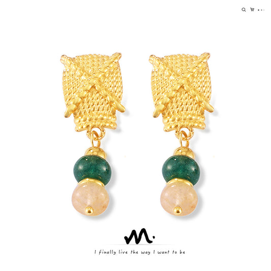 Vintage Gold Plated Titanium Steel Earrings Minimalist Elegant Color Natural Stone Dangle Earrings