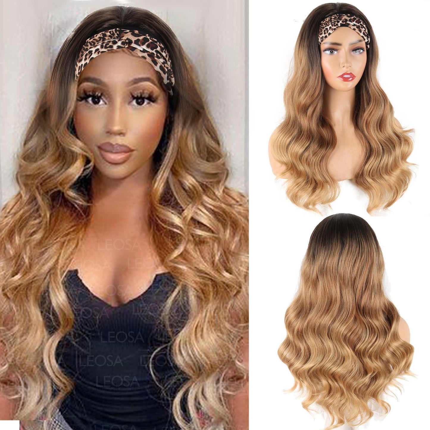 Headband Body Wave Synthetic Wig, Ombre Highlight Long Loose Curly Wig for Black Women Daily Styling