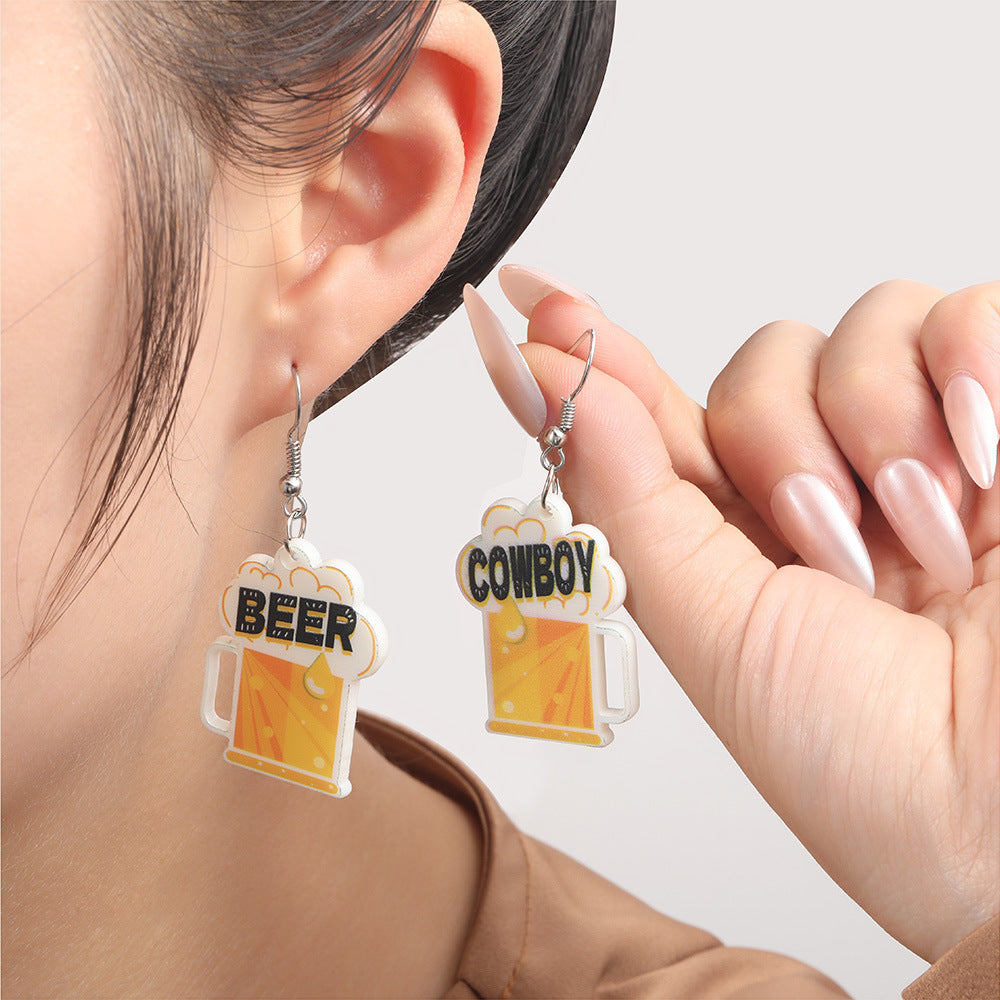 Western Cowboy Beer Mug Earrings, Eco-Friendly Acrylic New Personality Earrings