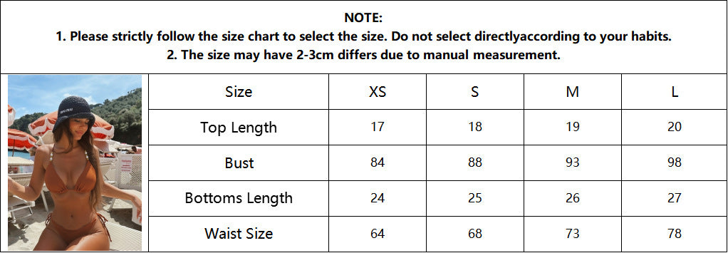 Beaded Halter Triangle Bikini Set, Textured Fabric Tie Side Two Piece Swimwear for Women