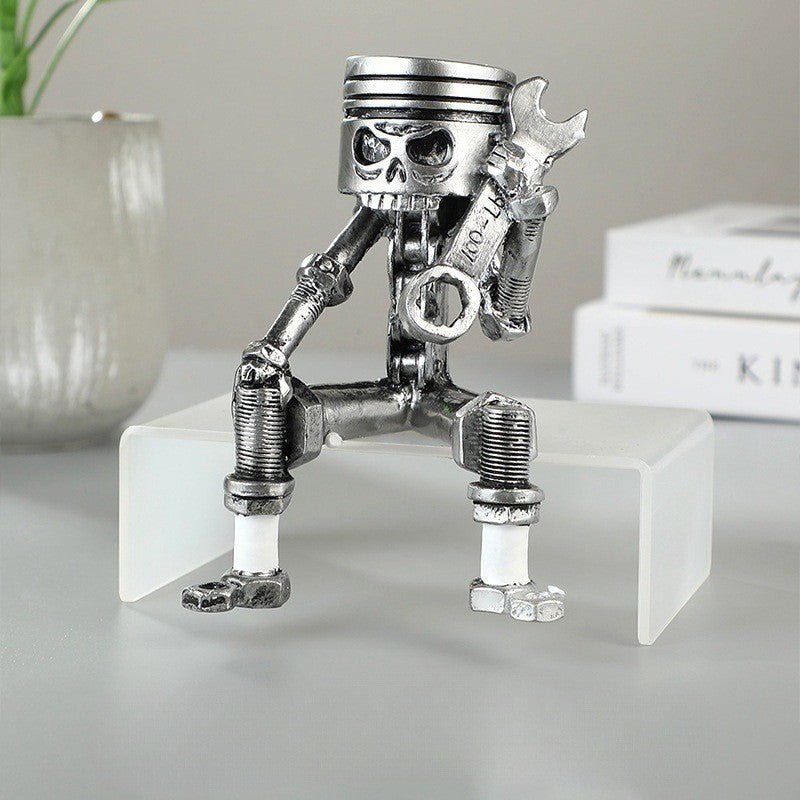 A196   Punk Mechanical Skull Figurine, Wrench Carving Home Desktop Decor Creative Birthday Gift
