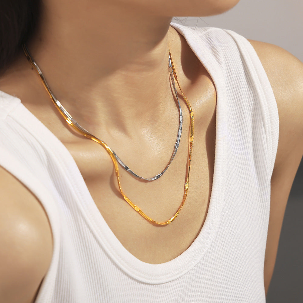 European & American Style Embossed Blade Chain Hip-Hop Trend Design Stainless Steel 18K Gold-Plated Collarbone Chain