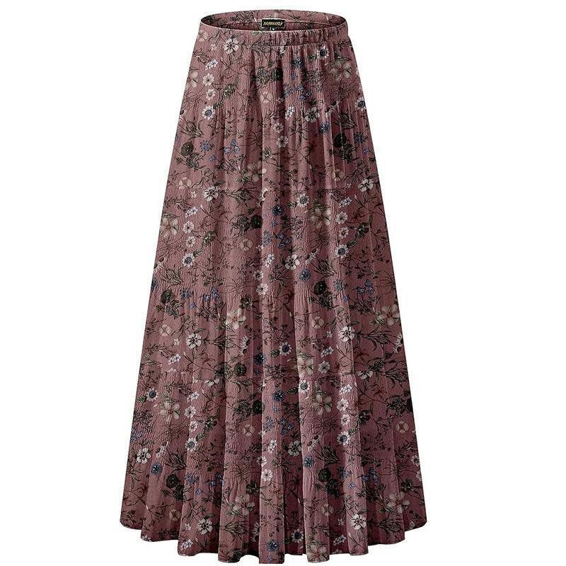 Women Floral Print Chiffon Maxi Skirt, Elastic High Waist Pleated A-Line Flared Long Skirt