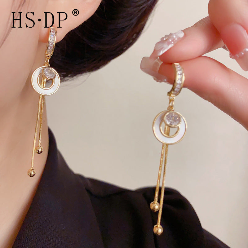 Fashion Statement Shell Circle Drop Earrings, Light Luxury Long Tassel Slimming Elegant Earrings