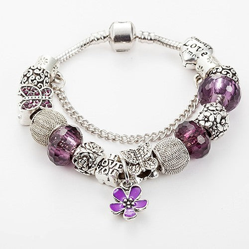 Anti-Tarnish Silver Charm Bracelet with Butterfly & LOVE Beads, Purple Crystal Beaded Bracelet for Women, Trendy Friendship Gift