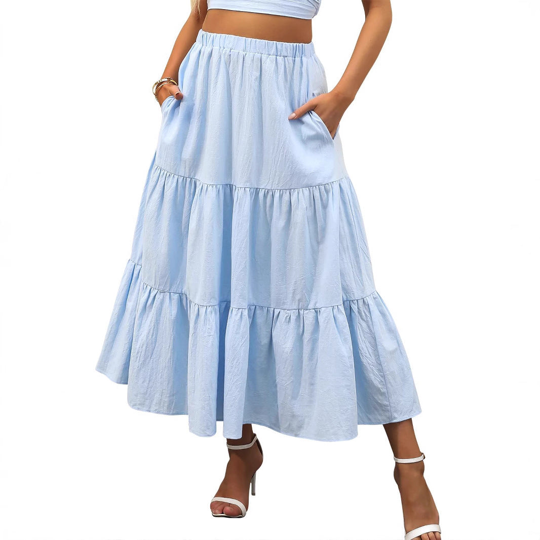 A367  Women's Summer Bohemian Pleated A-Line Flowy Layered Skirt with Pockets