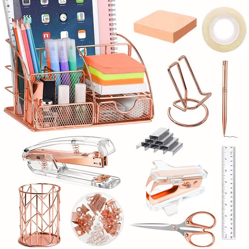 Rose Gold and Gold-Plated Office Desk Accessory Set, including an acrylic stapler set, staple remover, tape dispenser, 2 ballpoint pens, scissors, file folder, paper clips, staples, and storage box.