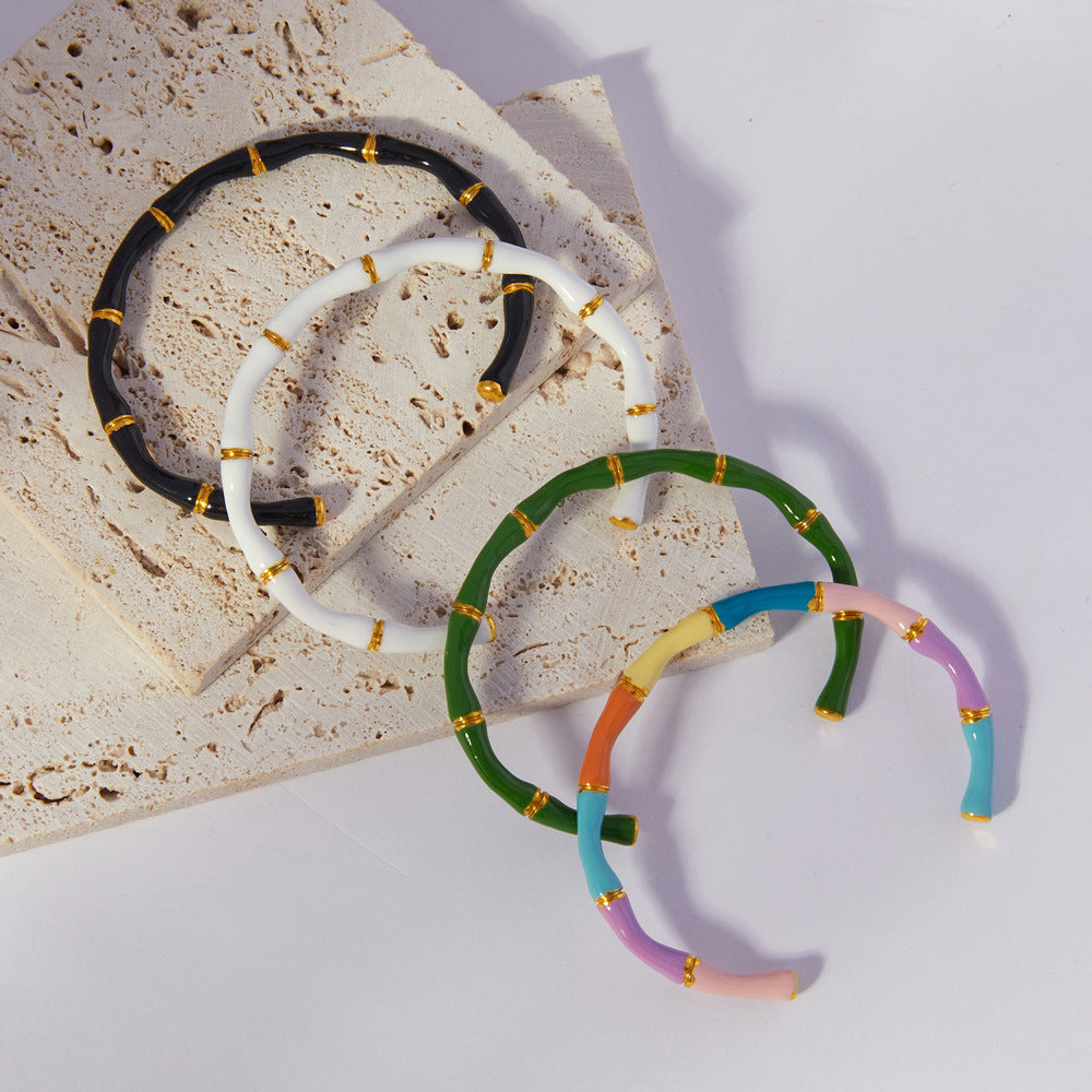 Dopamine Dressing Simple Versatile Jewelry, Enamel Weight Design Bamboo Shape Titanium Steel Open Cuff Bangle