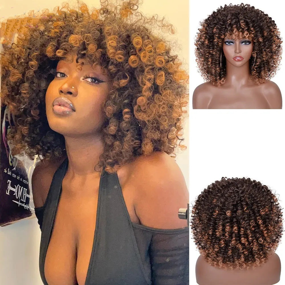 A277  Short Curly Afro Wig with Bangs Multi-Color, Brazilian Style Small Wig, Natural Fluffy Full Wig