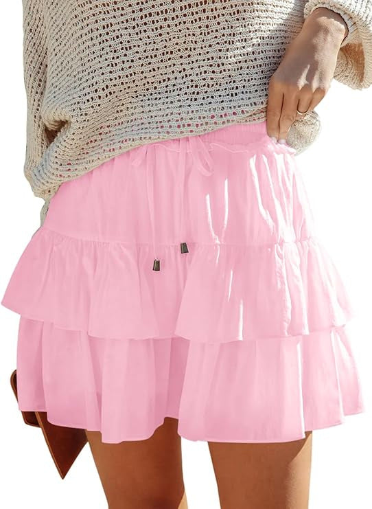 A370  Ladies Flowy Tiered Ruffle Mini Skirt High Waist Tie Waist Bohemian Skirt For Outdoor Vacation