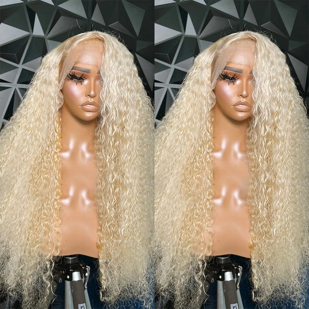A270  Blonde Kinky Curly Lace Front Long Wig, Middle Part Afro Explosion Hairstyle Natural Synthetic Wig