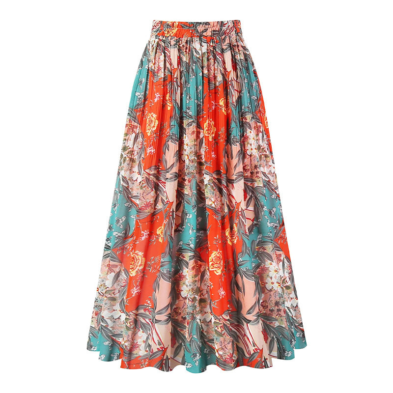 A369   Fashion Printed Chiffon Midi Skirt Women Elastic Waist Pleated Swing Skirt Elegant Lady Casual Wear