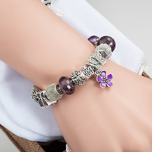 Anti-Tarnish Silver Charm Bracelet with Butterfly & LOVE Beads, Purple Crystal Beaded Bracelet for Women, Trendy Friendship Gift