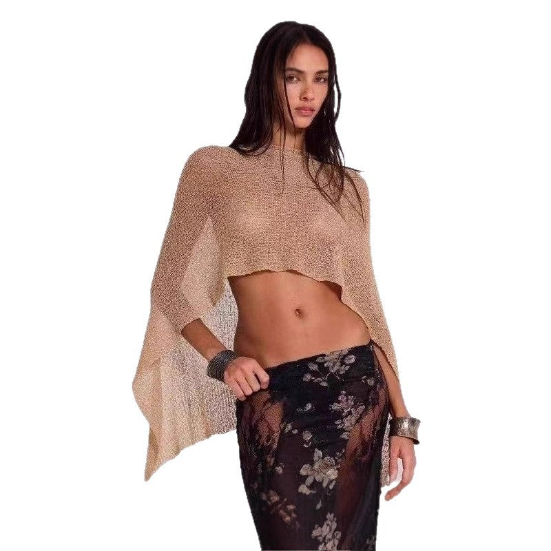 Women Hollow Out Sheer Knit Poncho Top, Multi Ways Wear Cropped Cover Up, Boho Beach Wrap Shawl, Vacation See Through Knit Blouse for Swimwear Cover Up