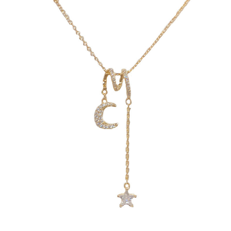 A157  Minimalist Micro Paved Zircon Moon Star Pendant Tassel Necklace, Light Luxury Shiny Clavicle Chain for Women