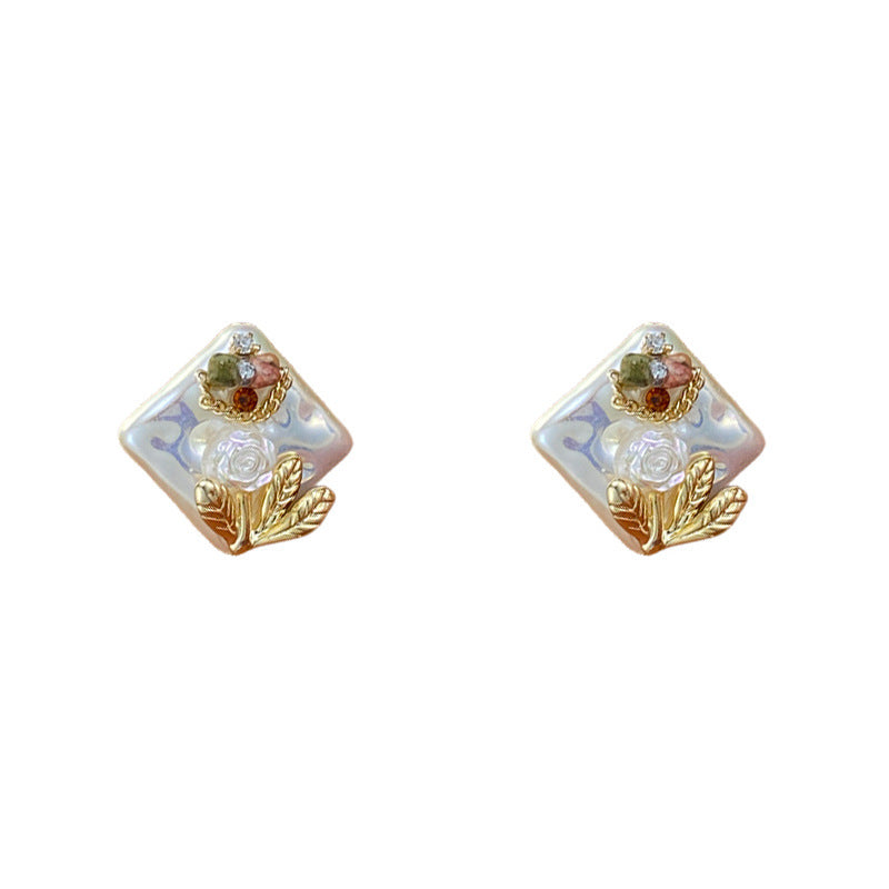 A247  Fashion Simple Handmade Rhombus Stud Earrings, Baroque-Style Beads Light Luxury Minimalist Elegant Earrings for Women
