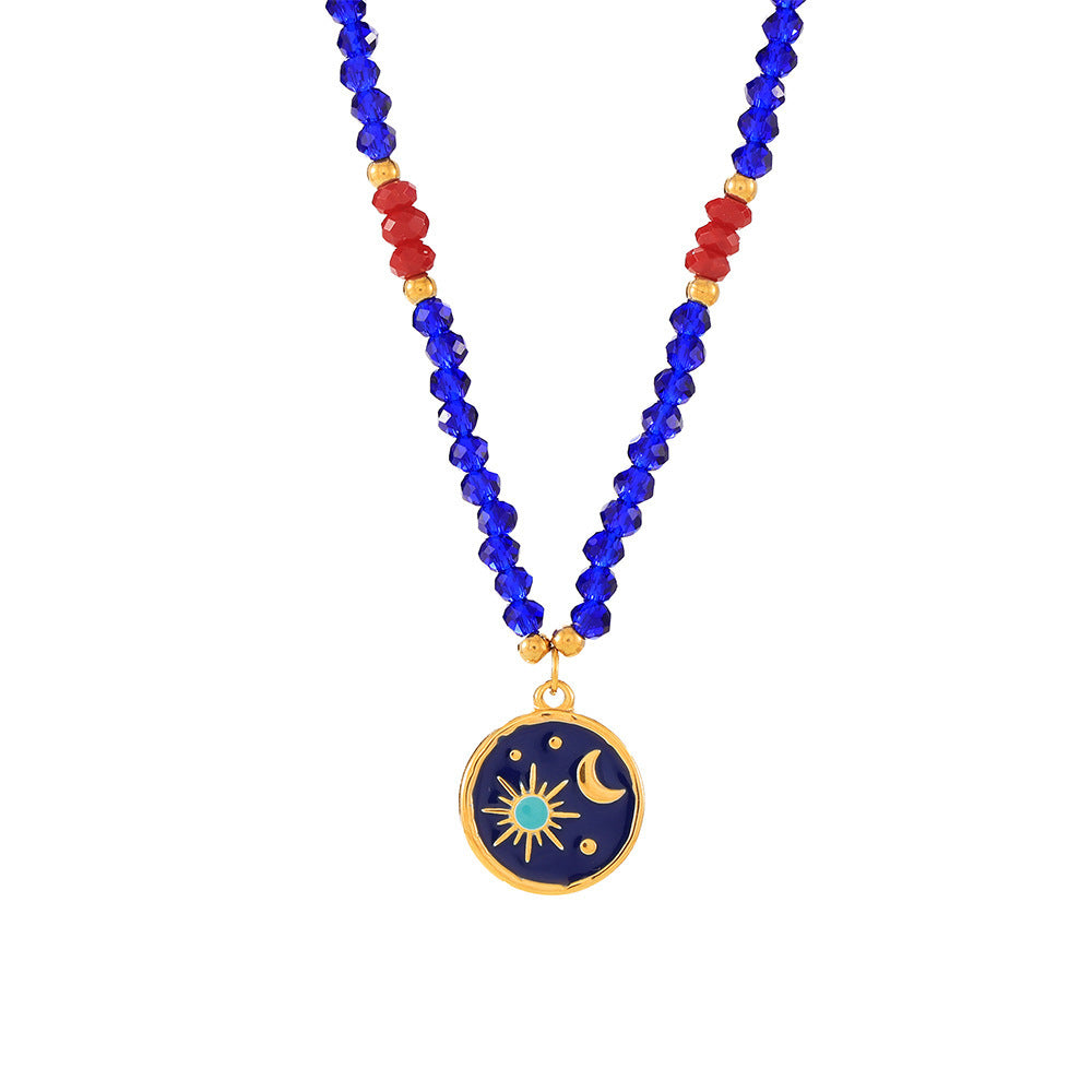 Starry Sky Glazed Titanium Steel Pendant Necklace, Blue Red Crystal Handmade Woven Unique Design Jewelry for Women