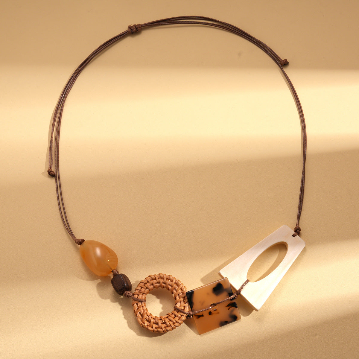 A192  Vintage Ethnic Wooden Resin Rattan Woven Pendant Sweater Necklace, Square Round Elegant Necklace for Women