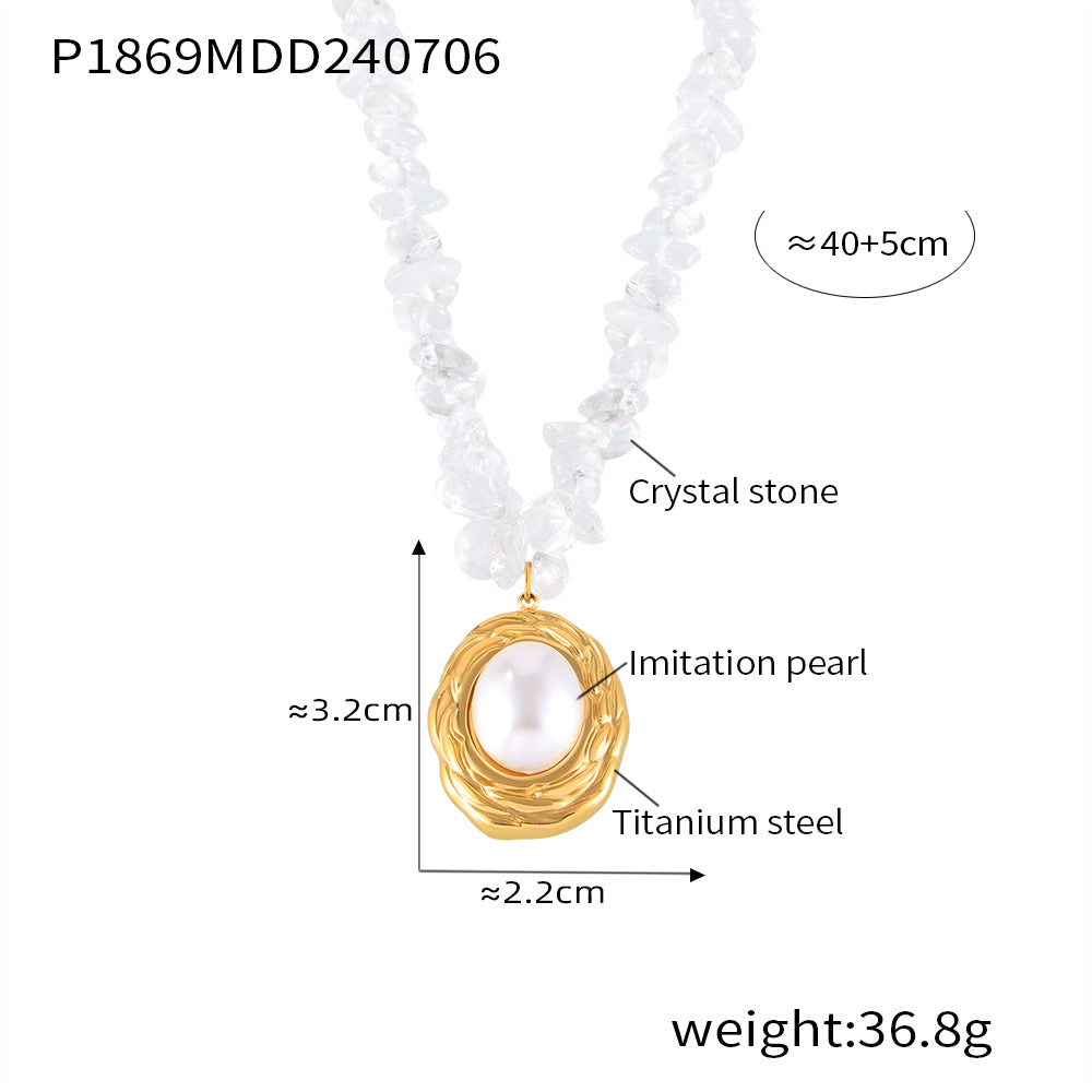 Light Luxury French Shell Bead Round Pendant Necklace, Crystal Beaded Design Titanium Steel Jewelry, Elegant All-match Clavicle Chain