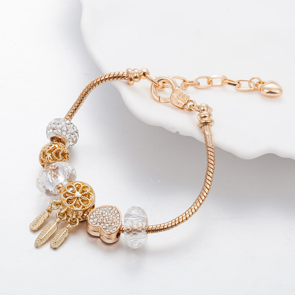 Dreamcatcher Heart-Shaped Diamond-Studded Clear Crystal Bead Bracelet