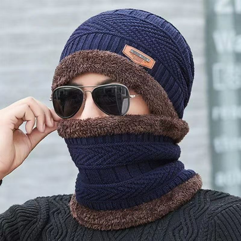 A290  Winter Hat Set with Ear Flaps and Fleece Lining Thickened Knit Hat and Scarf Two-Piece Set Autumn/Winter Wool Hat