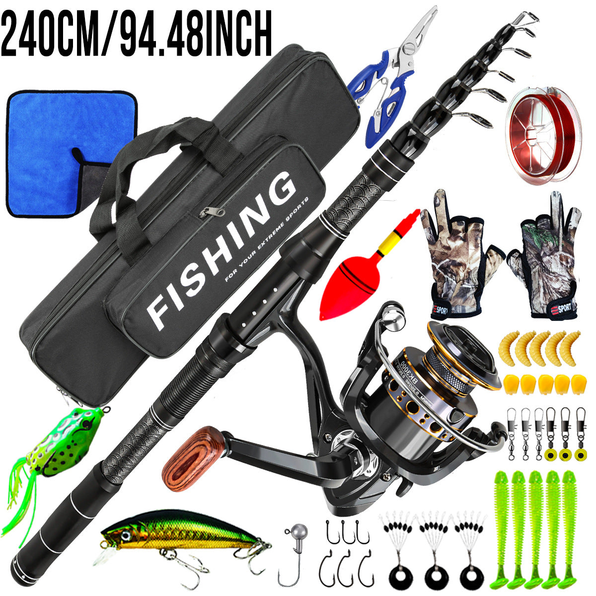 F353  Complete Fishing Tackle Set Carbon Fiber Spinning Rod Reel Combo with Full Accessories for Sea Fishing