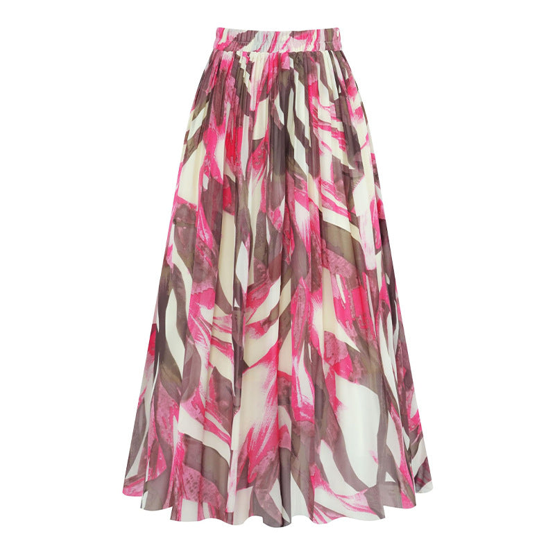 A369   Fashion Printed Chiffon Midi Skirt Women Elastic Waist Pleated Swing Skirt Elegant Lady Casual Wear