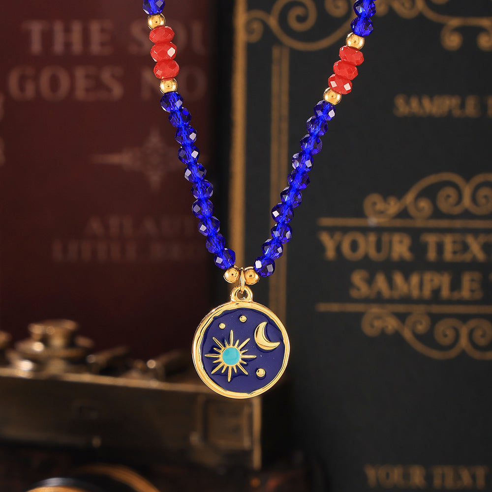 Starry Sky Glazed Titanium Steel Pendant Necklace, Blue Red Crystal Handmade Woven Unique Design Jewelry for Women