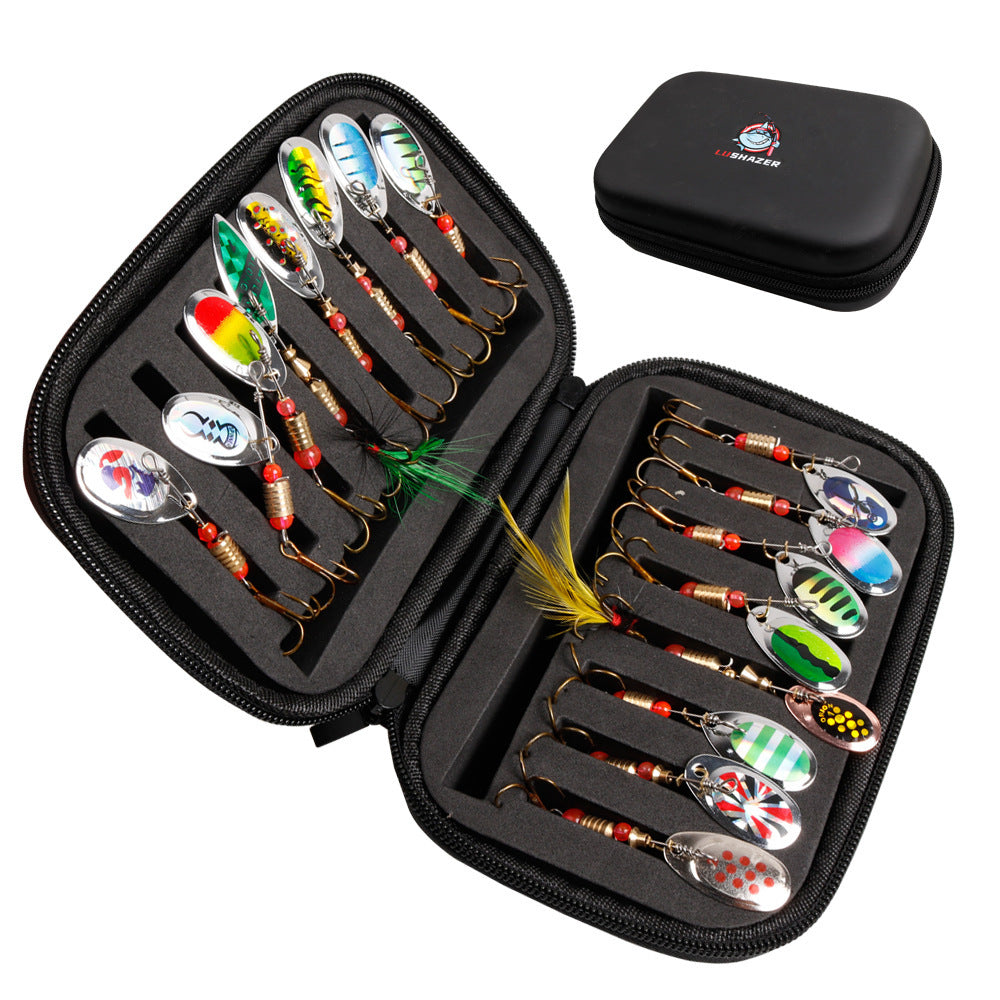 A283  Rotating Composite Spinner Lure Kit 16pcs with Treble Hooks, Including Fishing Bag & Lure Bag